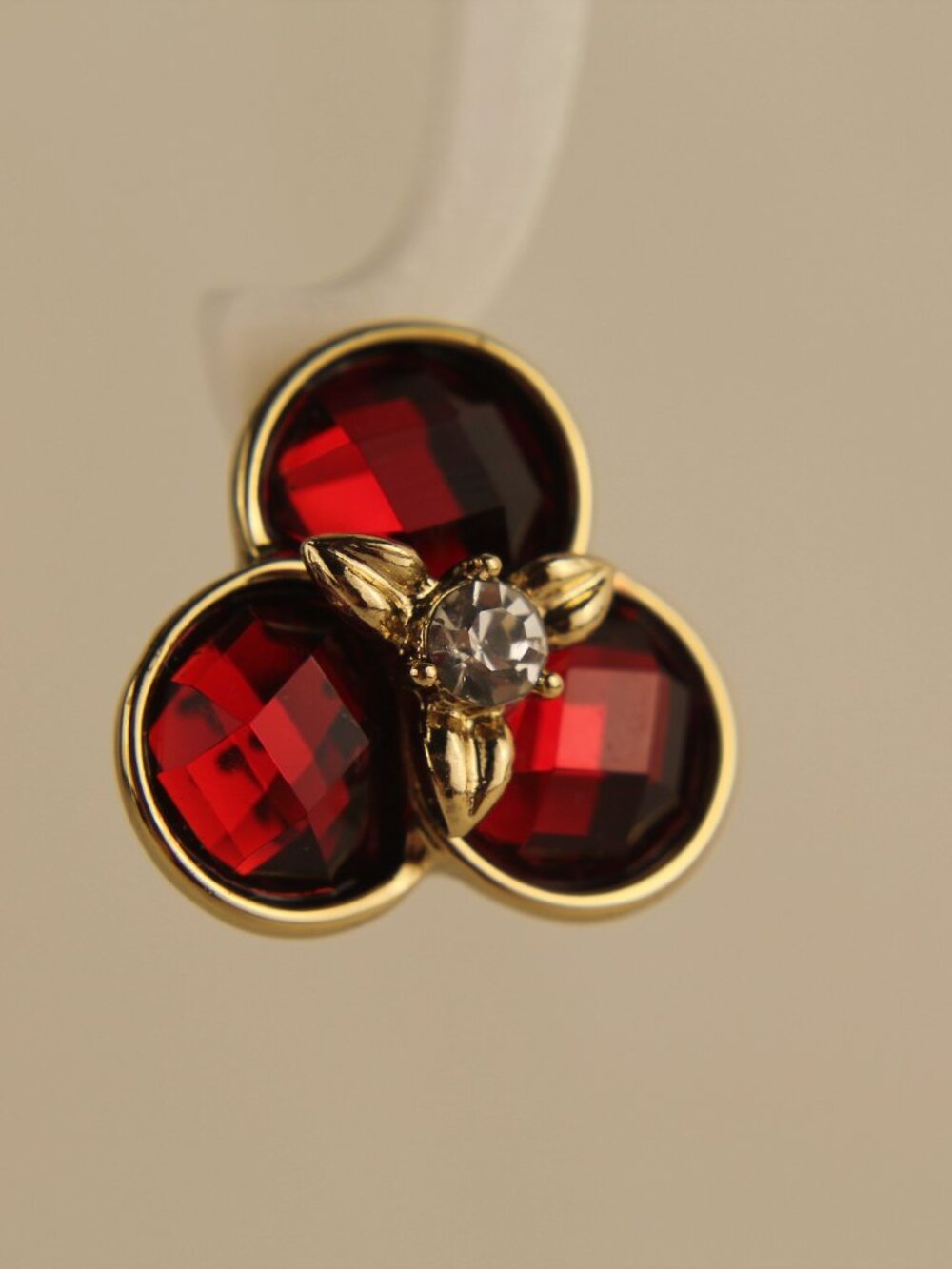 Vintage TJG Gold Tone Red Crystal Rhinestone Flower Clip On Earrings